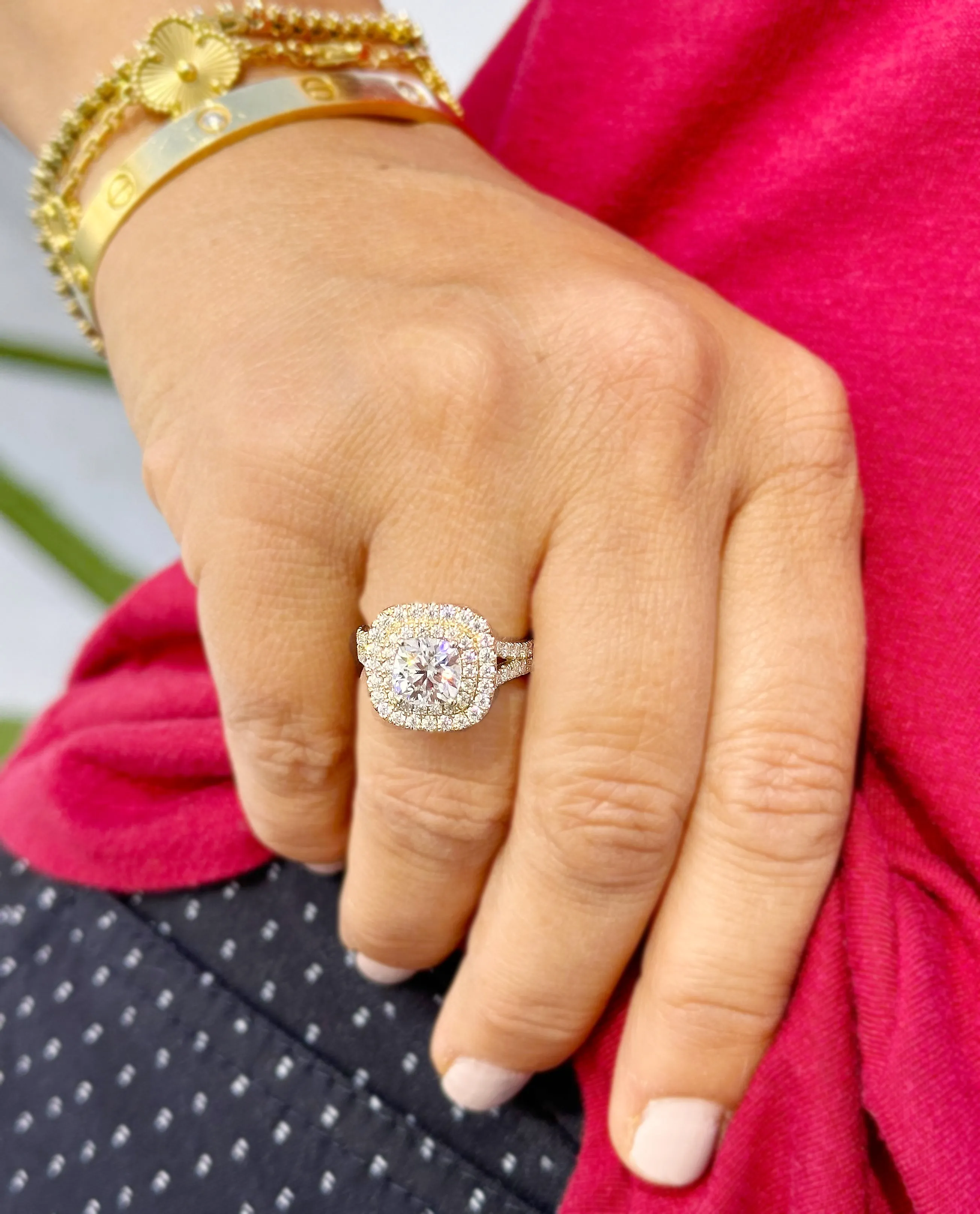 Cushion And Round Cut Diamond Engagement Ring IGI Certified Double Halo Women's 14k Solid Yellow Gold Bridal Halo Wedding Ring 3.00ct F-VS2