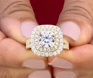 Cushion And Round Cut Diamond Engagement Ring IGI Certified Double Halo Women's 14k Solid Yellow Gold Bridal Halo Wedding Ring 3.00ct F-VS2
