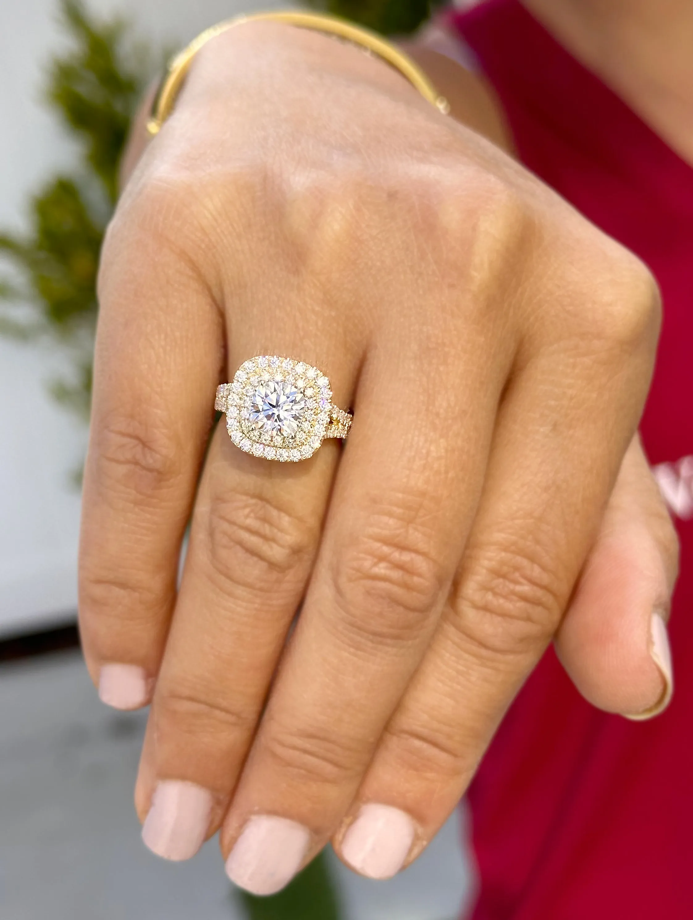 Cushion And Round Cut Diamond Engagement Ring IGI Certified Double Halo Women's 14k Solid Yellow Gold Bridal Halo Wedding Ring 3.00ct F-VS2