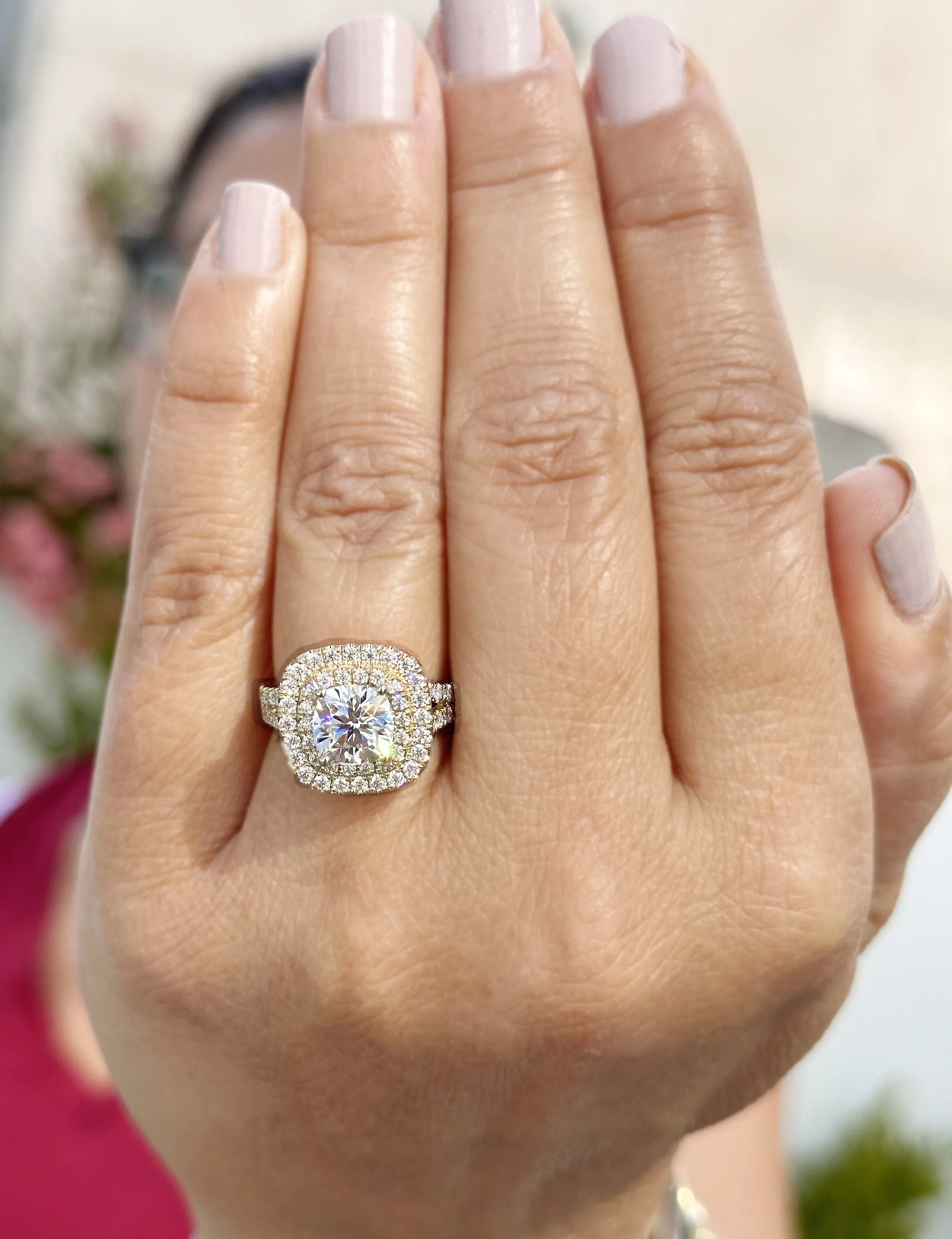 Cushion And Round Cut Diamond Engagement Ring IGI Certified Double Halo Women's 14k Solid Yellow Gold Bridal Halo Wedding Ring 3.00ct F-VS2