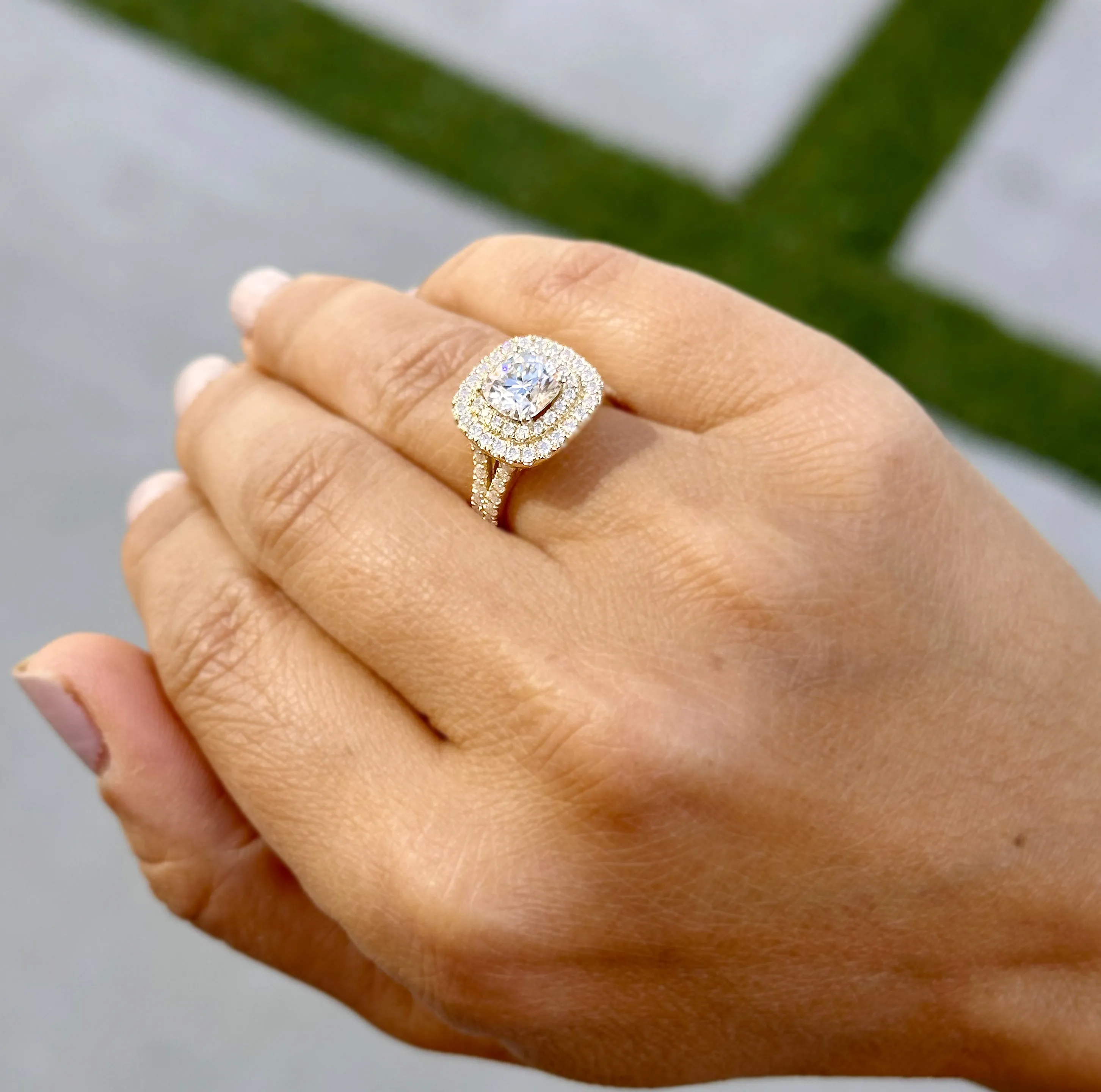 Cushion And Round Cut Diamond Engagement Ring IGI Certified Double Halo Women's 14k Solid Yellow Gold Bridal Halo Wedding Ring 3.00ct F-VS2