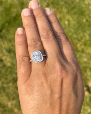 Cushion Cut And Round Cut Sides Diamond Engagement Ring Split shank IGI Certified Double Halo Women's 14k Solid White Gold 3.50ct F-VS2