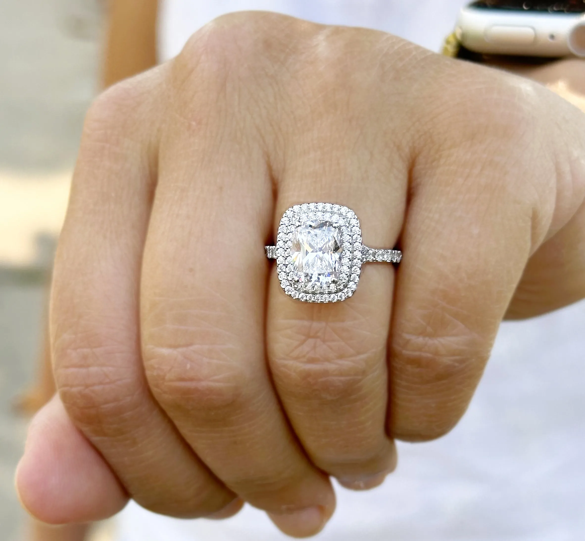Cushion Cut And Round Cut Sides Diamond Engagement Ring Split shank IGI Certified Double Halo Women's 14k Solid White Gold 3.50ct F-VS2