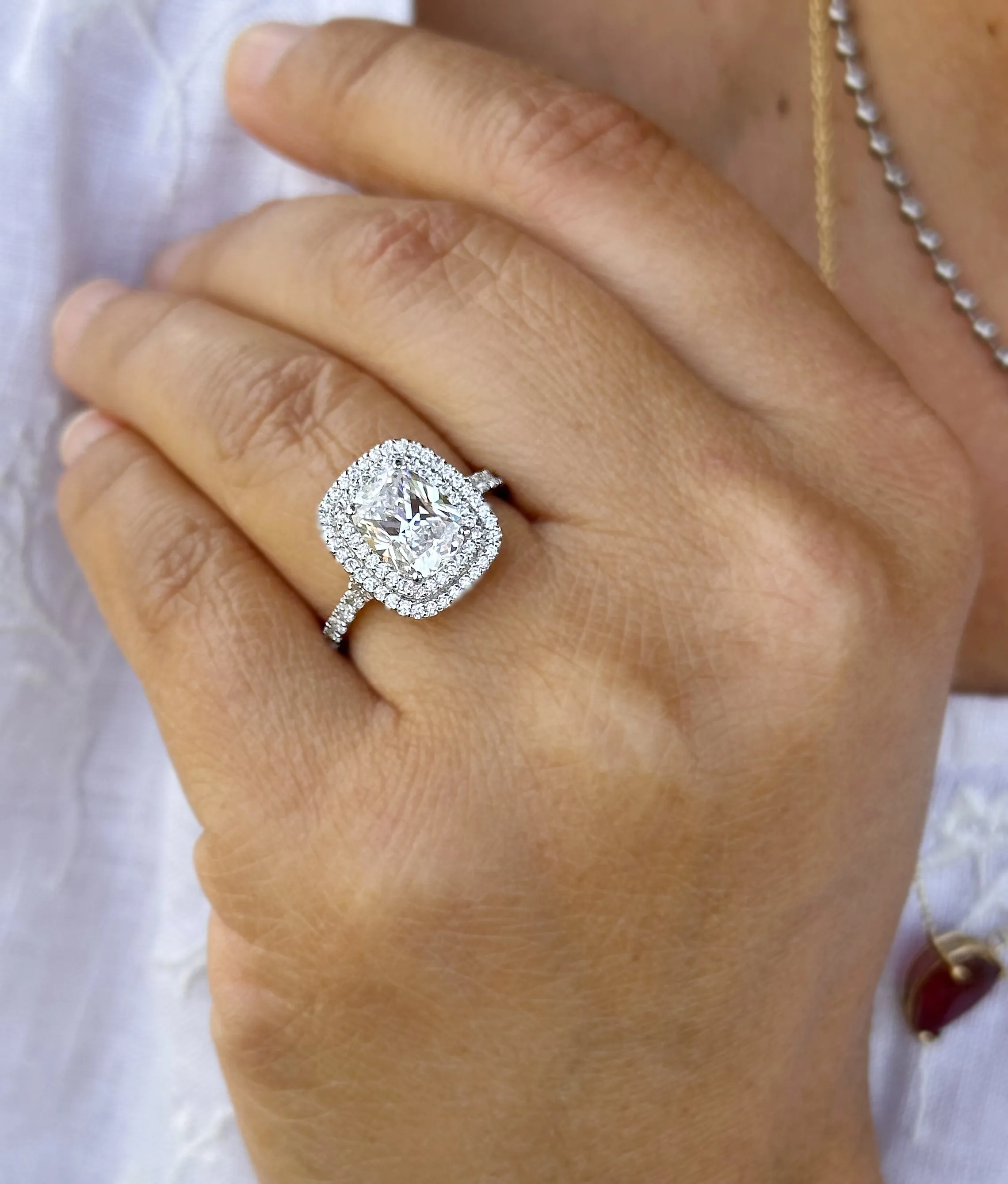 Cushion Cut And Round Cut Sides Diamond Engagement Ring Split shank IGI Certified Double Halo Women's 14k Solid White Gold 3.50ct F-VS2