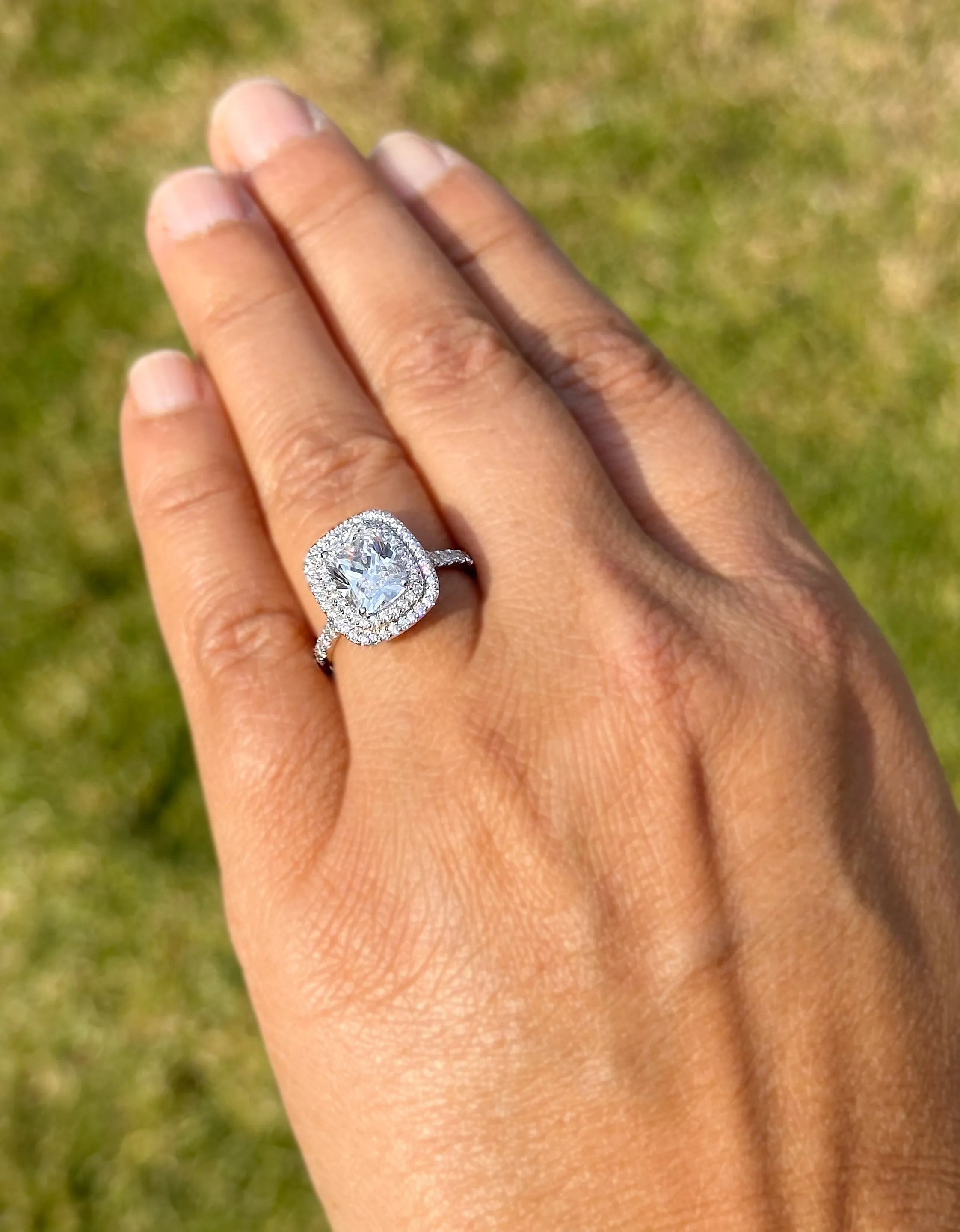 Cushion Cut And Round Cut Sides Diamond Engagement Ring Split shank IGI Certified Double Halo Women's 14k Solid White Gold 3.50ct F-VS2