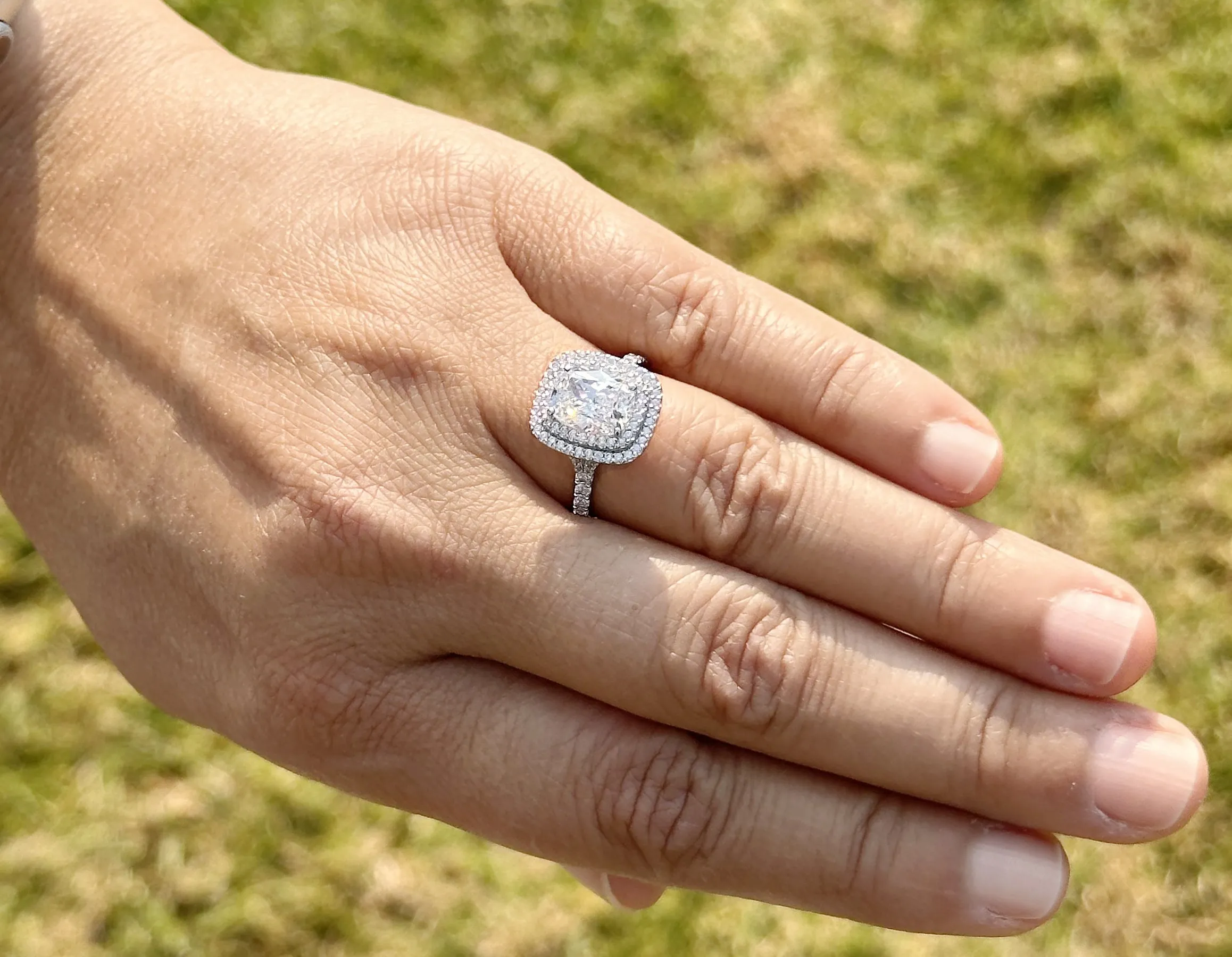 Cushion Cut And Round Cut Sides Diamond Engagement Ring Split shank IGI Certified Double Halo Women's 14k Solid White Gold 3.50ct F-VS2
