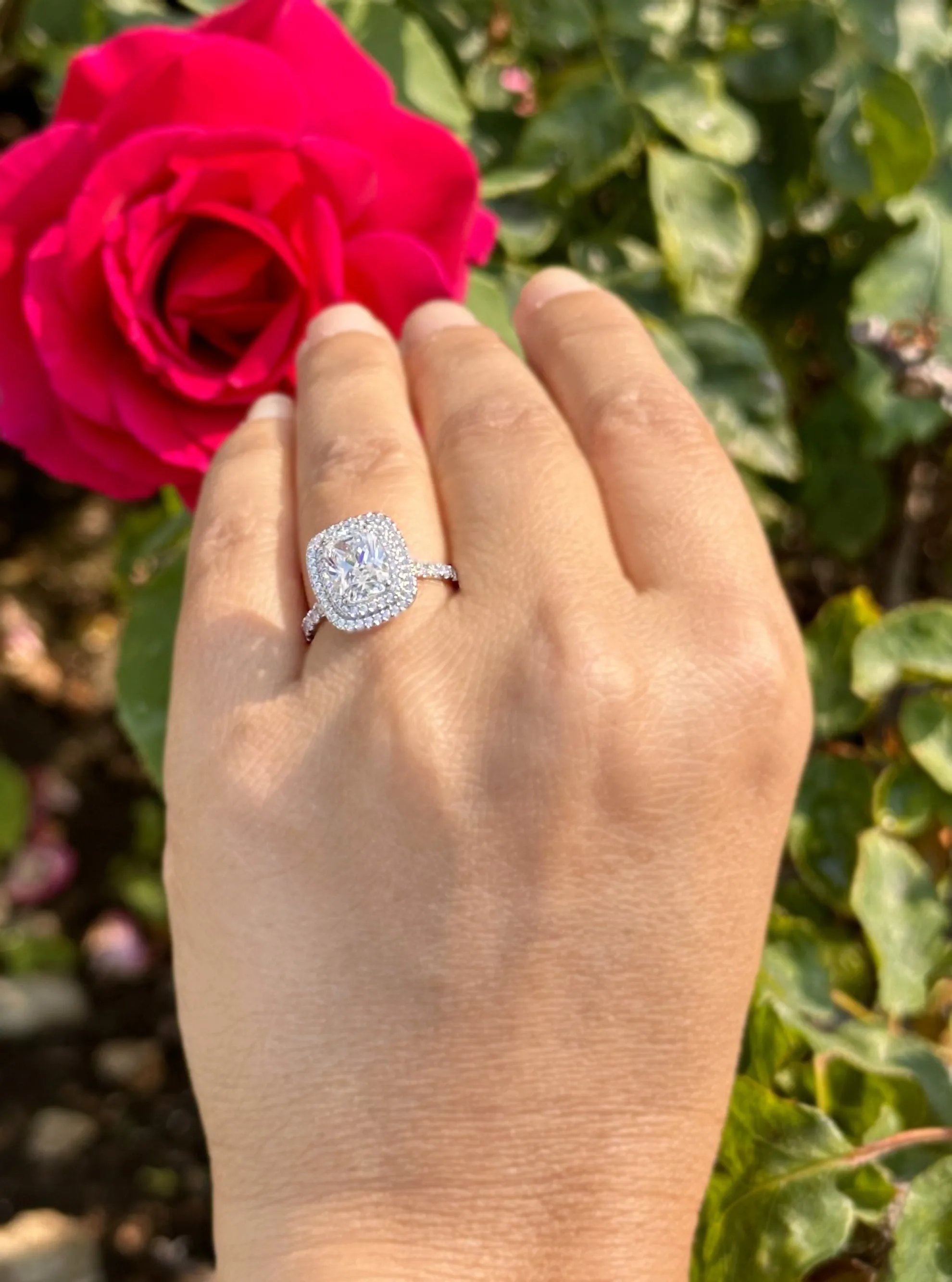 Cushion Cut And Round Cut Sides Diamond Engagement Ring Split shank IGI Certified Double Halo Women's 14k Solid White Gold 3.50ct F-VS2