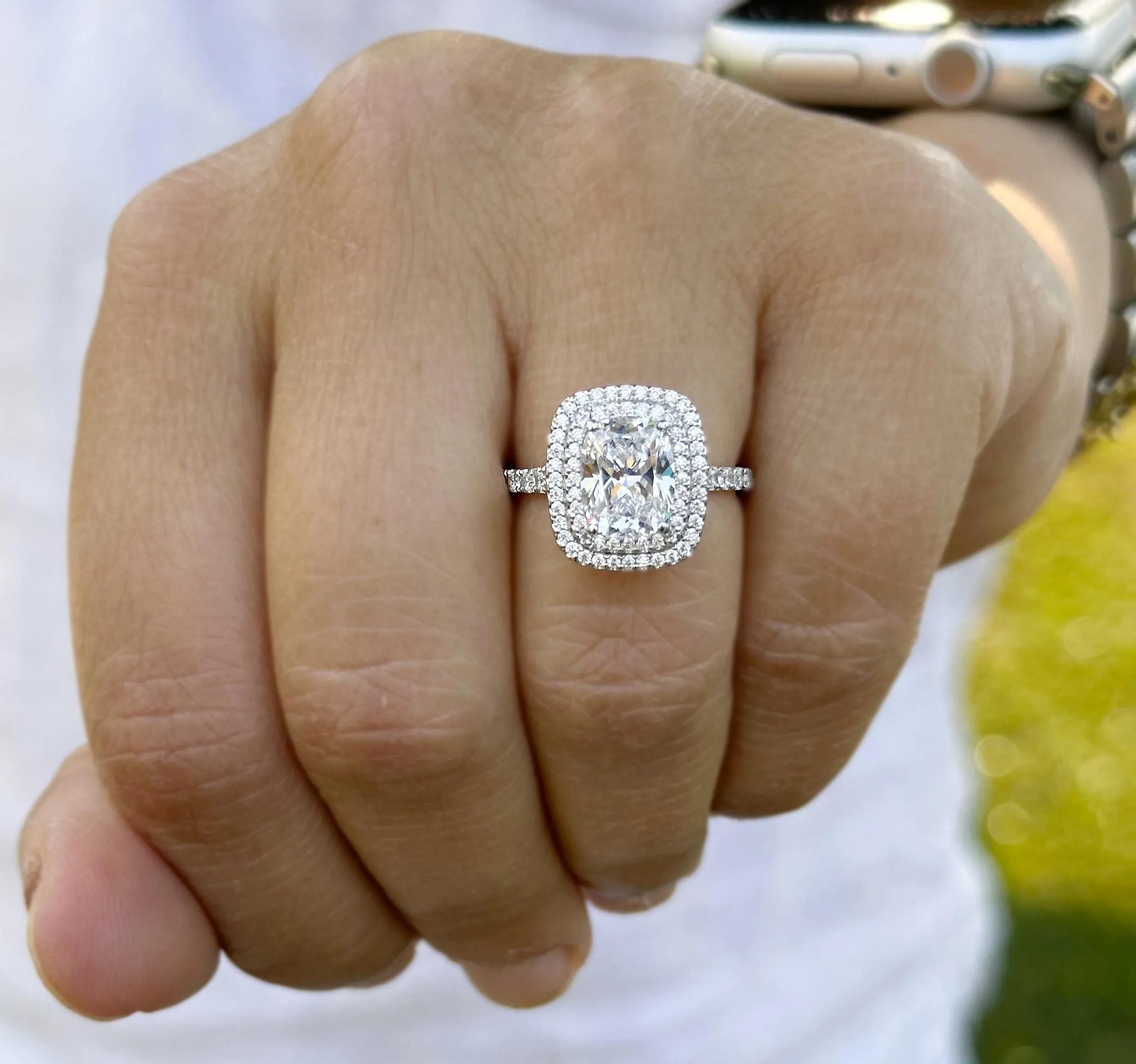Cushion Cut And Round Cut Sides Diamond Engagement Ring Split shank IGI Certified Double Halo Women's 14k Solid White Gold 3.50ct F-VS2