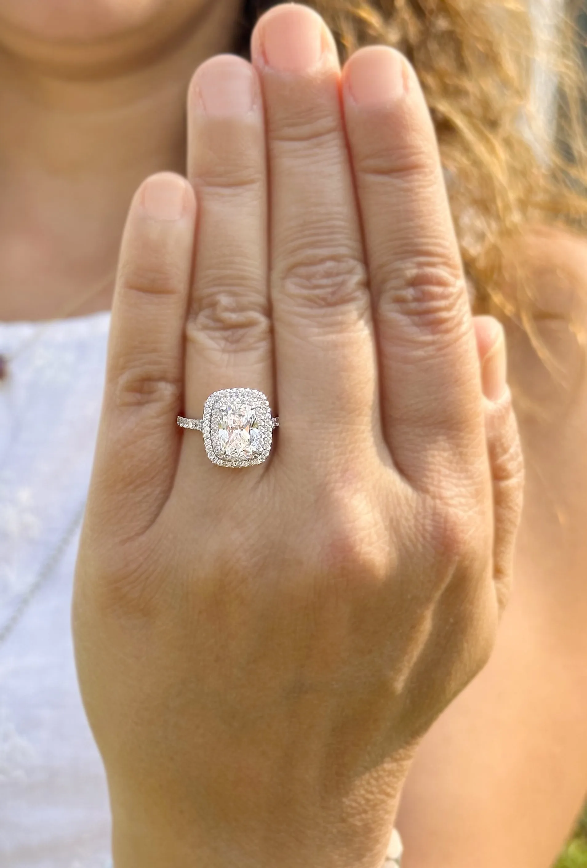 Cushion Cut And Round Cut Sides Diamond Engagement Ring Split shank IGI Certified Double Halo Women's 14k Solid White Gold 3.50ct F-VS2