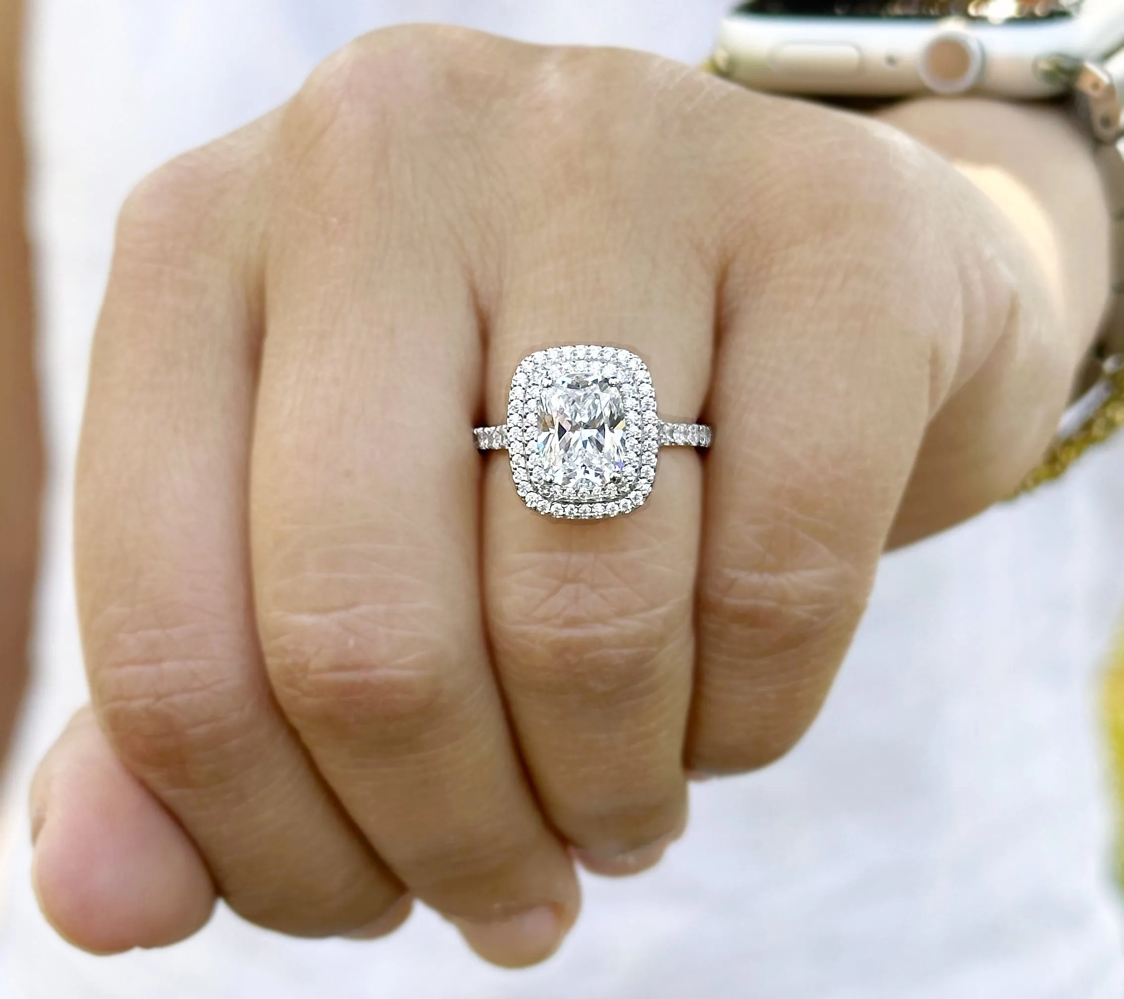 Cushion Cut And Round Cut Sides Diamond Engagement Ring Split shank IGI Certified Double Halo Women's 14k Solid White Gold 3.50ct F-VS2
