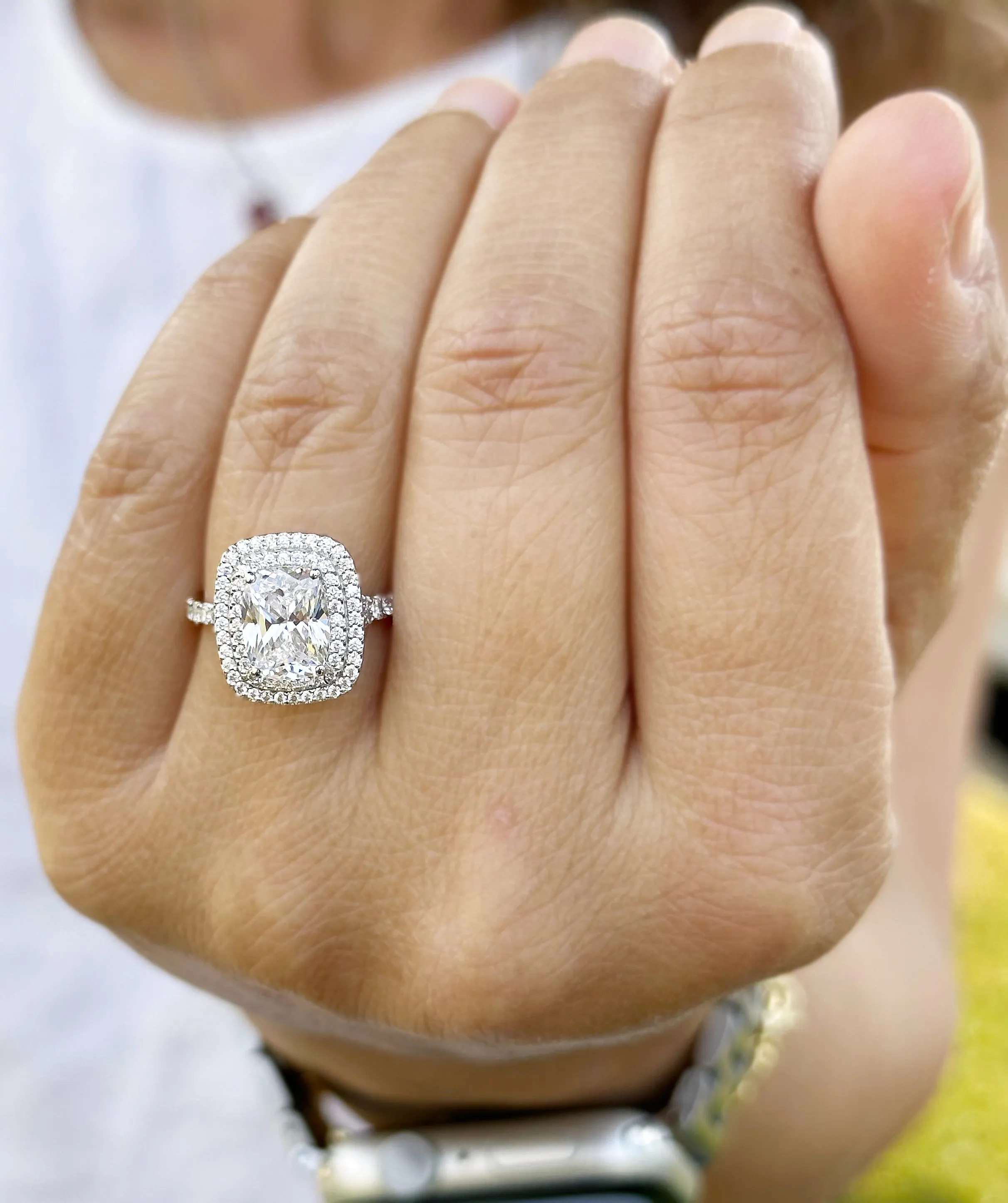 Cushion Cut And Round Cut Sides Diamond Engagement Ring Split shank IGI Certified Double Halo Women's 14k Solid White Gold 3.50ct F-VS2