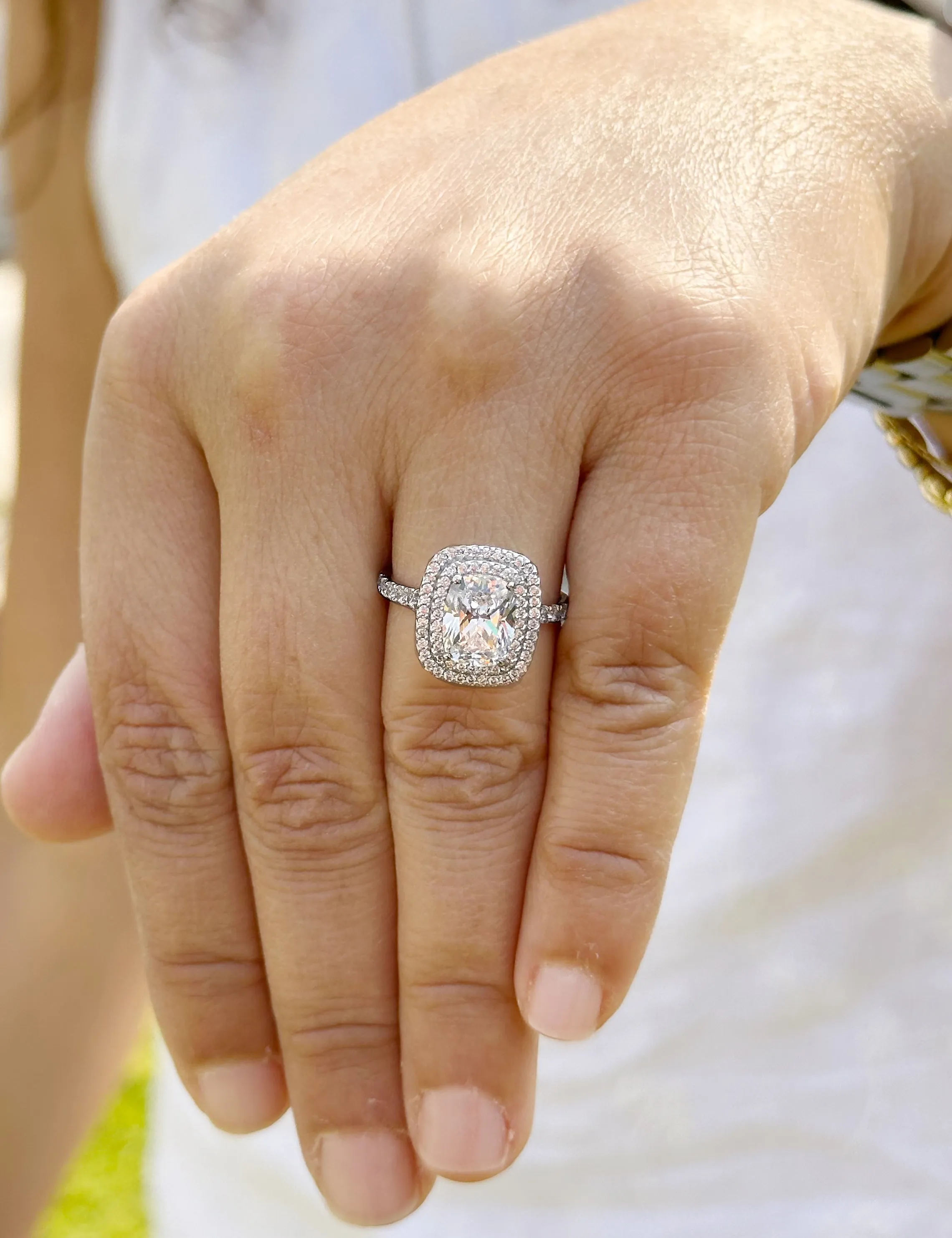 Cushion Cut And Round Cut Sides Diamond Engagement Ring Split shank IGI Certified Double Halo Women's 14k Solid White Gold 3.50ct F-VS2
