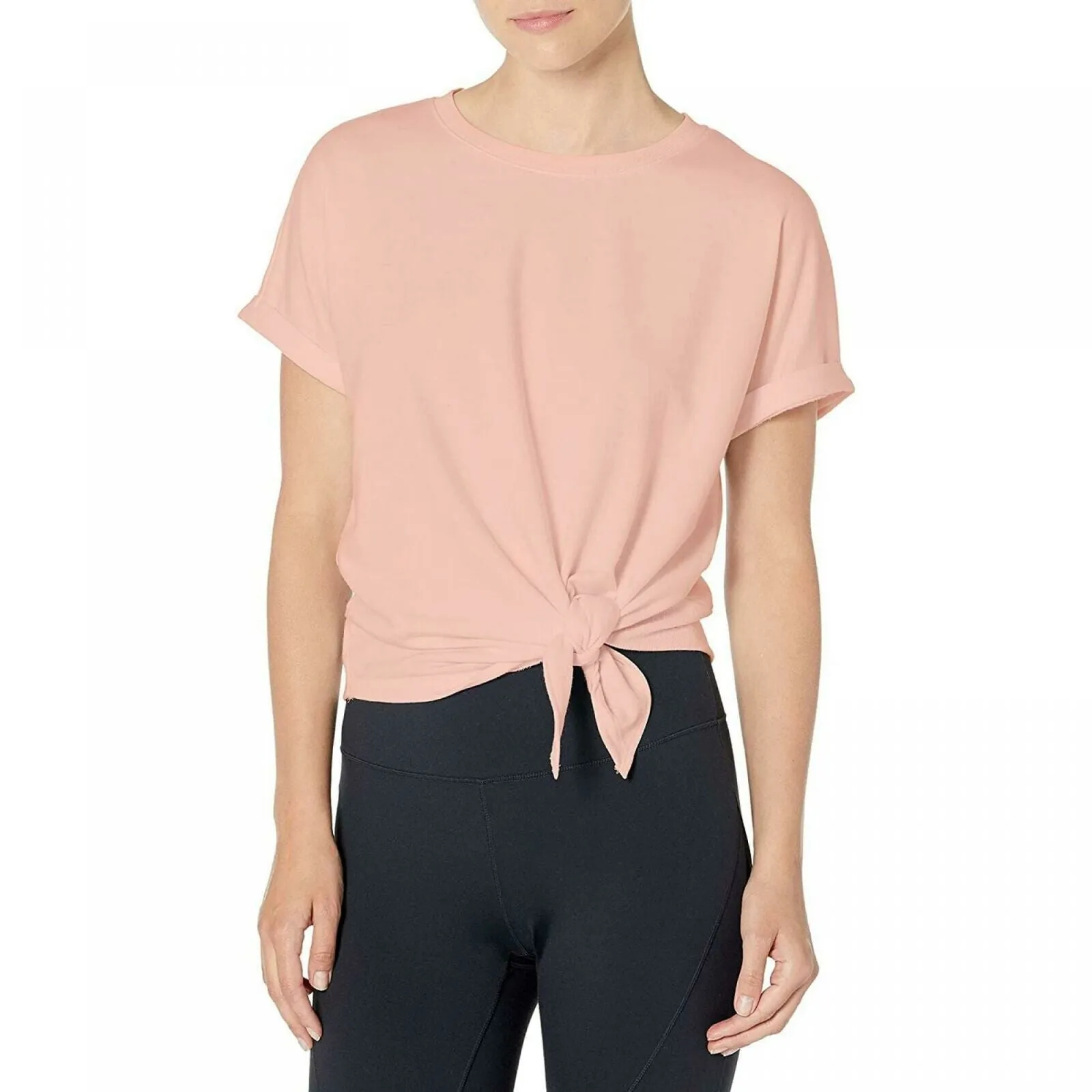 Danskin Women's Short Sleeve French Terry Tie Front Shirt