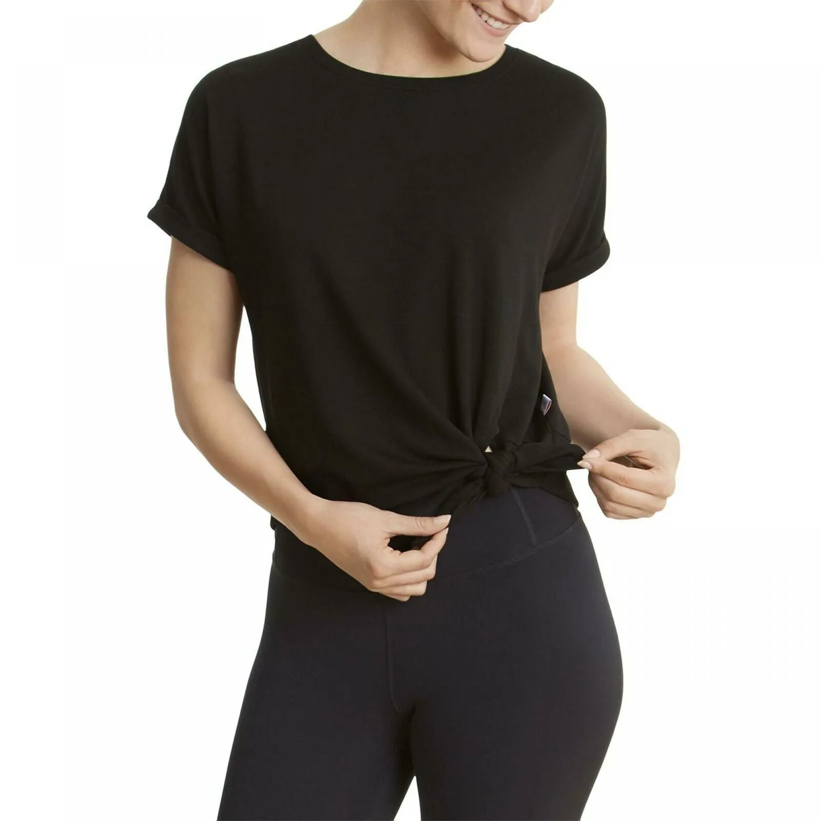Danskin Women's Short Sleeve French Terry Tie Front Shirt