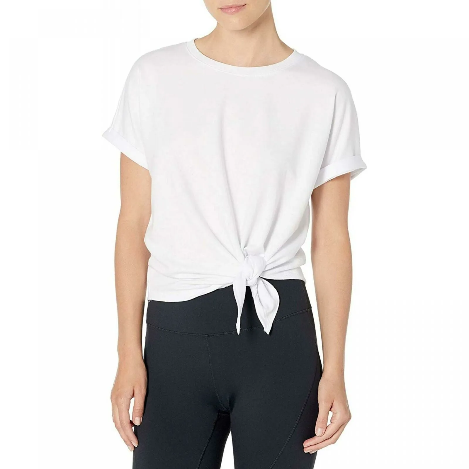Danskin Women's Short Sleeve French Terry Tie Front Shirt