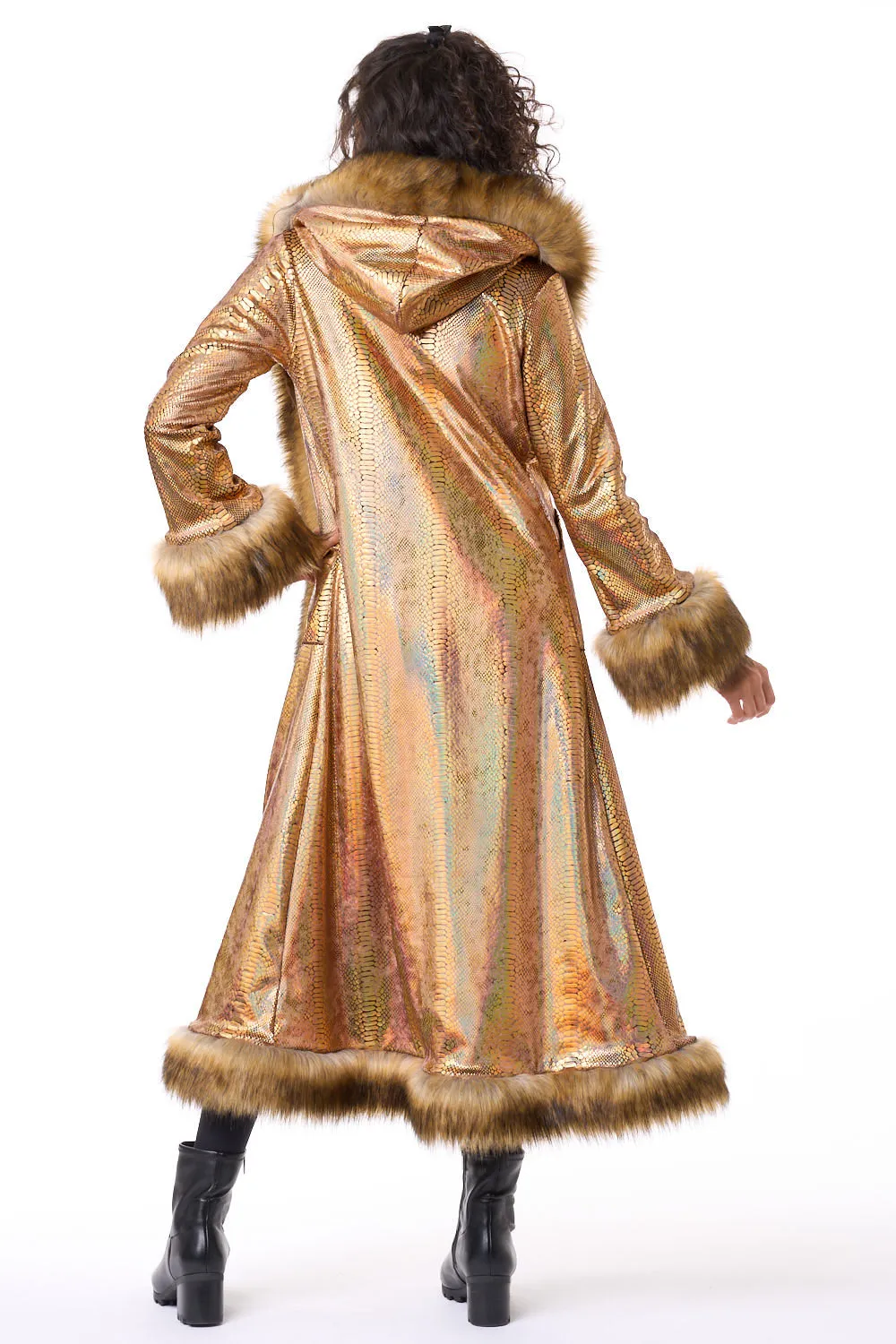 Deluxe Tamo Coat: Gold Holographic Snake   Fox Faux Fur Trim