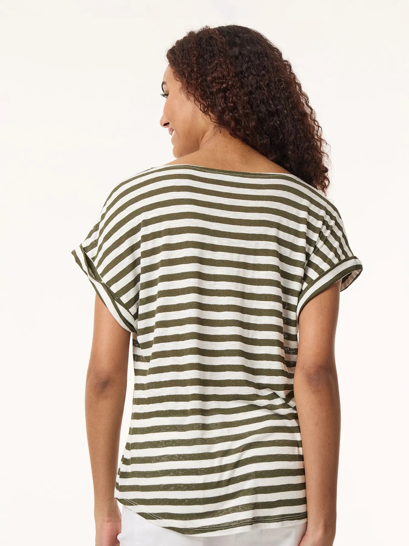 Drop Shoulder Jewel Neck Top, Striped Knit