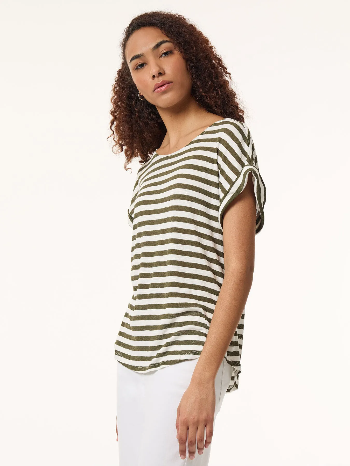 Drop Shoulder Jewel Neck Top, Striped Knit