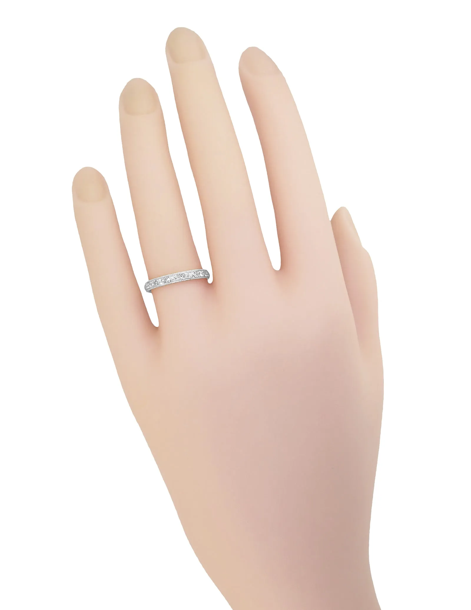Edwardian Pansy Flowers Hand Engraved Wedding Band in White Gold - 3mm Wide