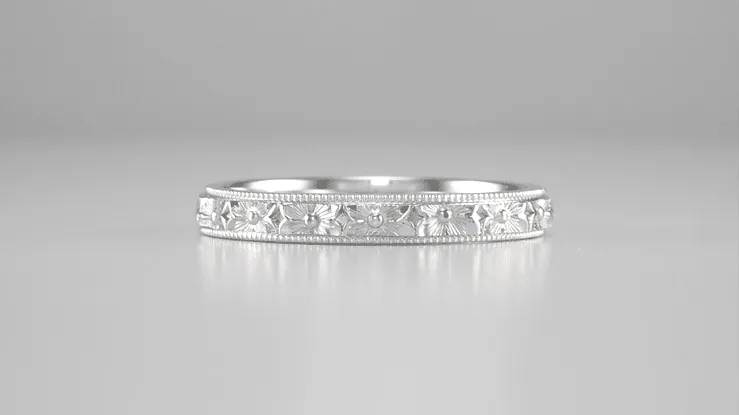 Edwardian Pansy Flowers Hand Engraved Wedding Band in White Gold - 3mm Wide