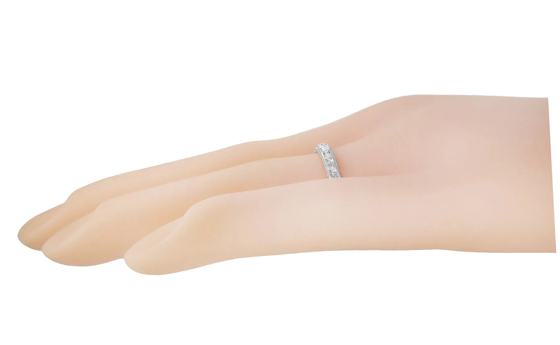 Edwardian Pansy Flowers Hand Engraved Wedding Band in White Gold - 3mm Wide