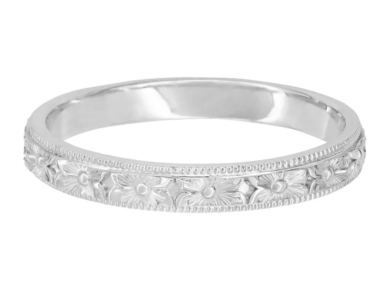 Edwardian Pansy Flowers Hand Engraved Wedding Band in White Gold - 3mm Wide