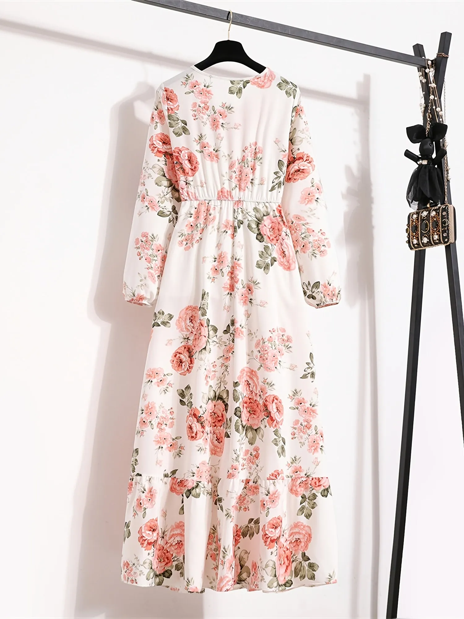 Elegant Floral High Waist Maxi Dress with Ruffled Neckline