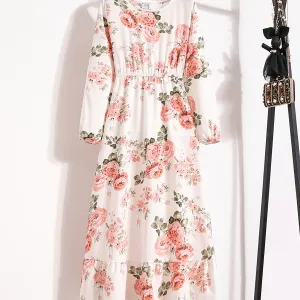 Elegant Floral High Waist Maxi Dress with Ruffled Neckline
