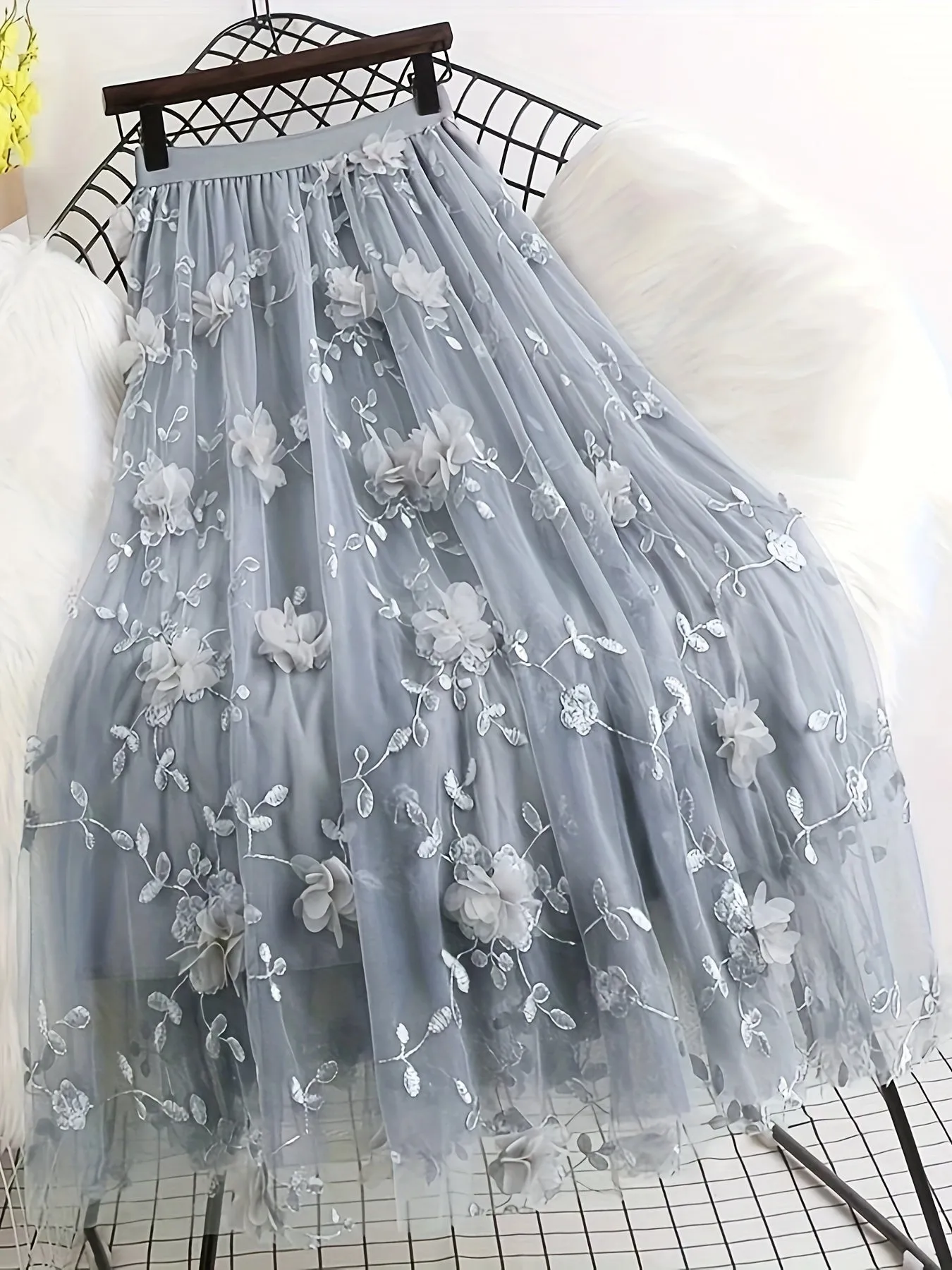 Elegant Women's High-Waisted A-Line Skirt with Floral Embroidery, Lightweight Polyester, Perfect for All Seasons