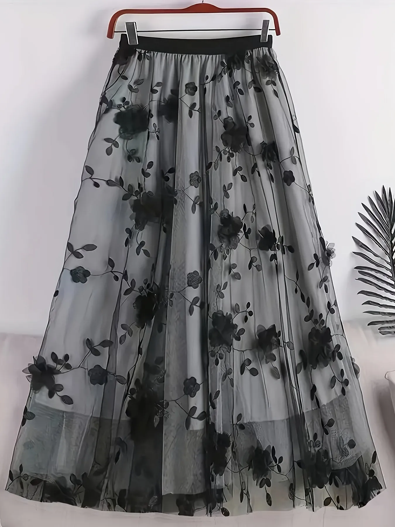Elegant Women's High-Waisted A-Line Skirt with Floral Embroidery, Lightweight Polyester, Perfect for All Seasons