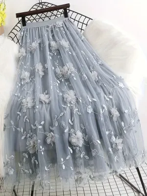 Elegant Women's High-Waisted A-Line Skirt with Floral Embroidery, Lightweight Polyester, Perfect for All Seasons