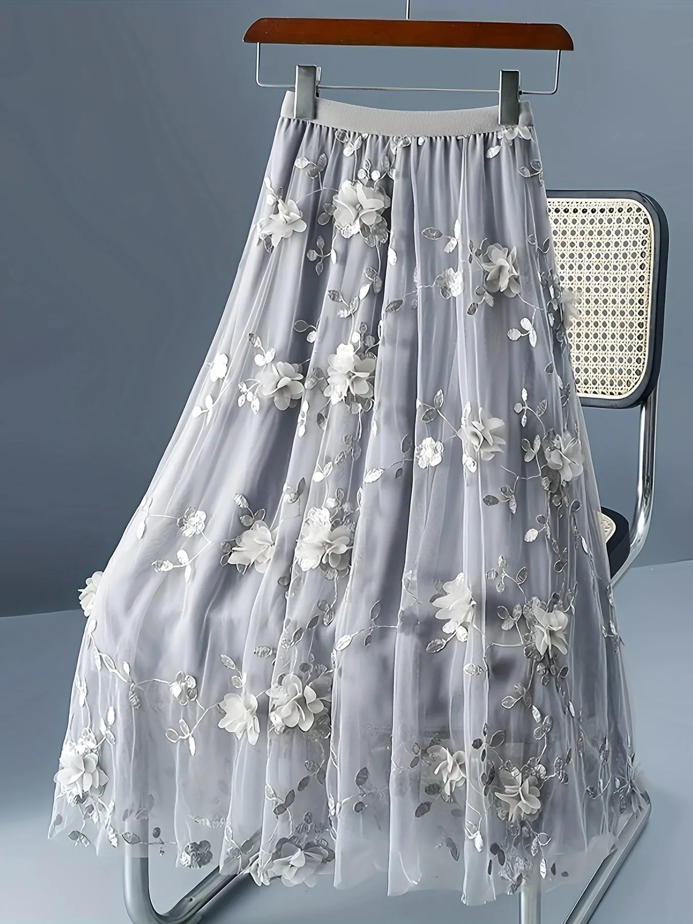 Elegant Women's High-Waisted A-Line Skirt with Floral Embroidery, Lightweight Polyester, Perfect for All Seasons