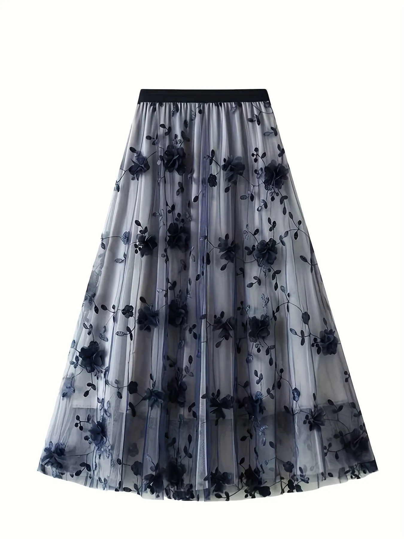Elegant Women's High-Waisted A-Line Skirt with Floral Embroidery, Lightweight Polyester, Perfect for All Seasons