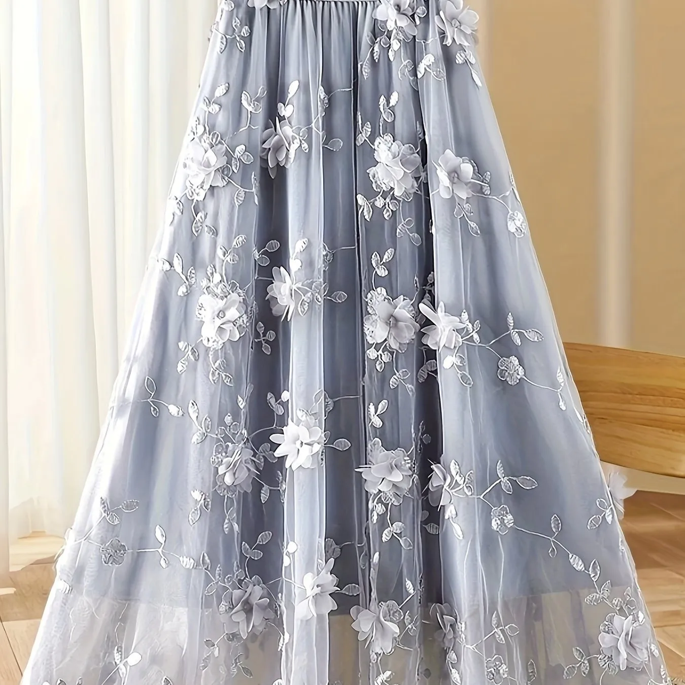 Elegant Women's High-Waisted A-Line Skirt with Floral Embroidery, Lightweight Polyester, Perfect for All Seasons
