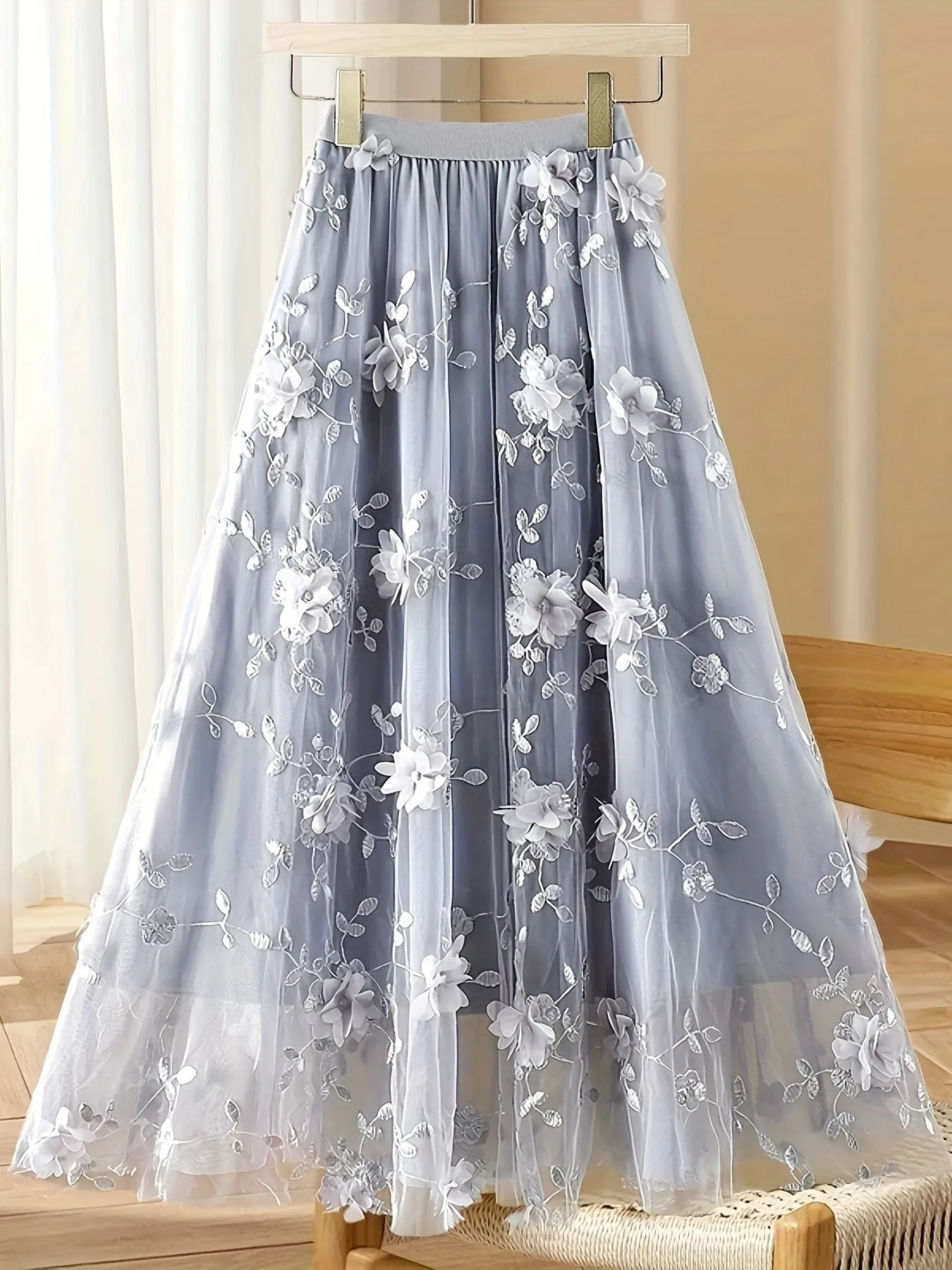 Elegant Women's High-Waisted A-Line Skirt with Floral Embroidery, Lightweight Polyester, Perfect for All Seasons