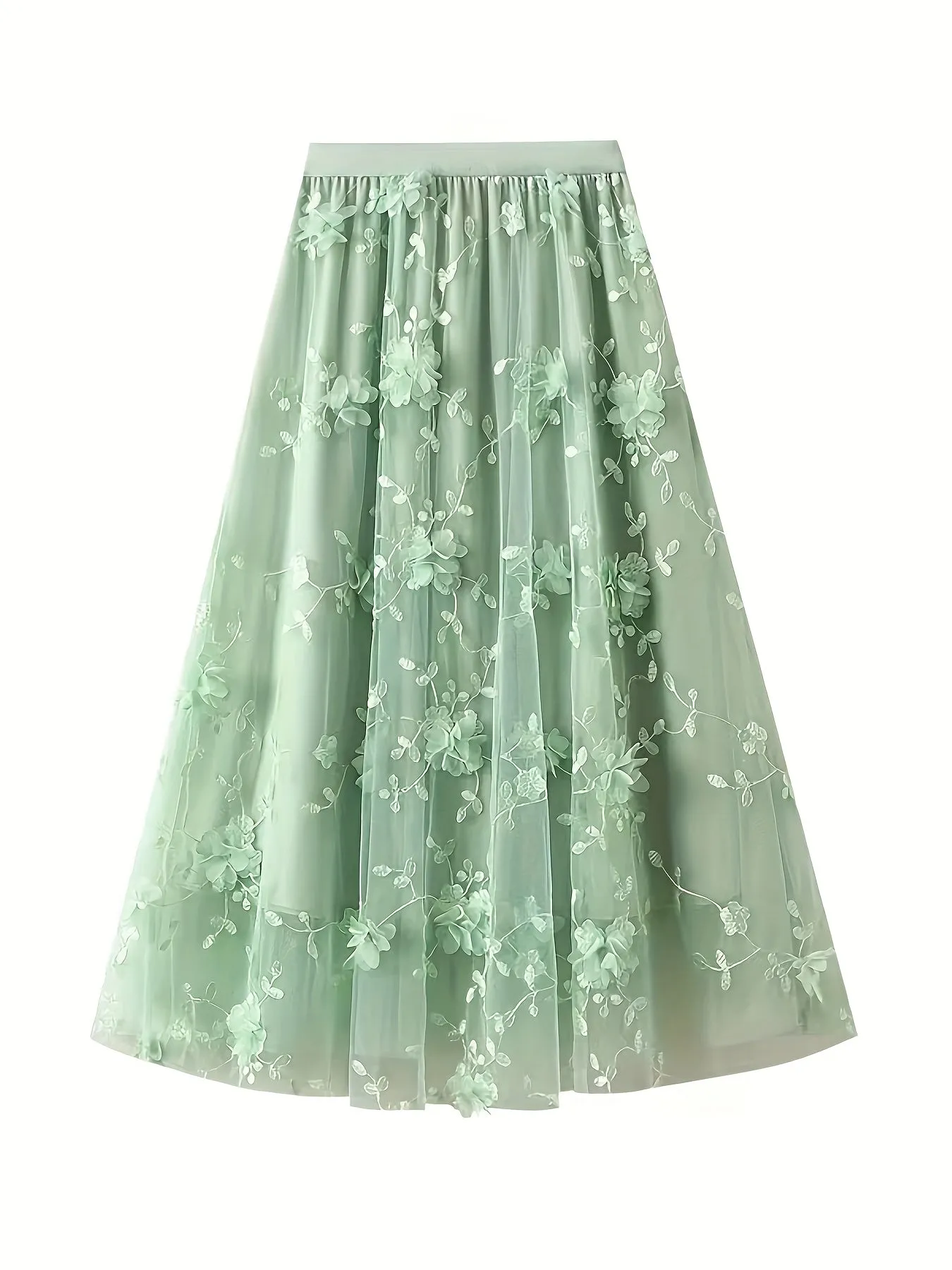 Elegant Women's High-Waisted A-Line Skirt with Floral Embroidery, Lightweight Polyester, Perfect for All Seasons