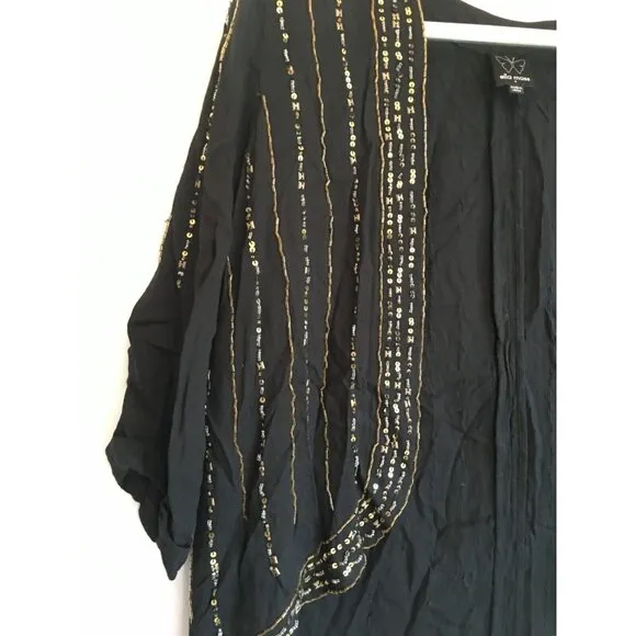 Ella Moss Womens Medium Beaded Sequin Open Front Cardigan Sweater Black Casual