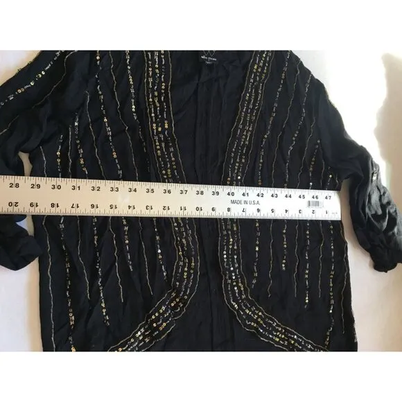 Ella Moss Womens Medium Beaded Sequin Open Front Cardigan Sweater Black Casual