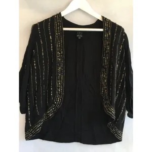 Ella Moss Womens Medium Beaded Sequin Open Front Cardigan Sweater Black Casual