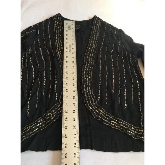 Ella Moss Womens Medium Beaded Sequin Open Front Cardigan Sweater Black Casual