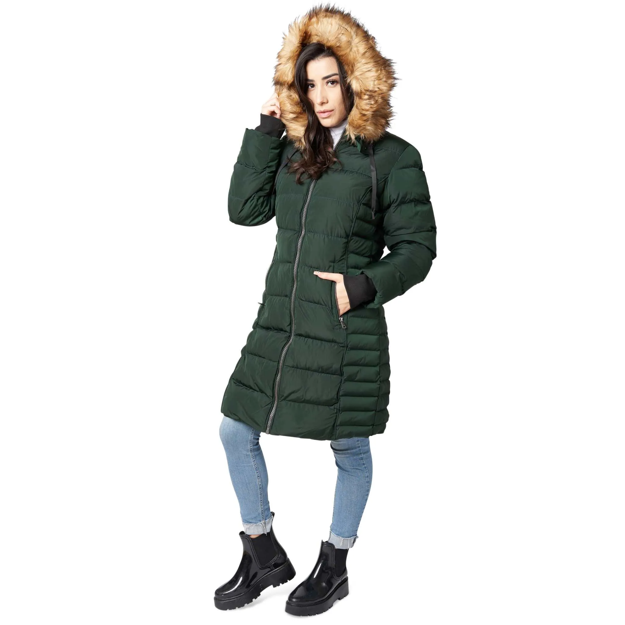 ELORA Parka Mid Length Womens Winter Coat Fur Trim Hood