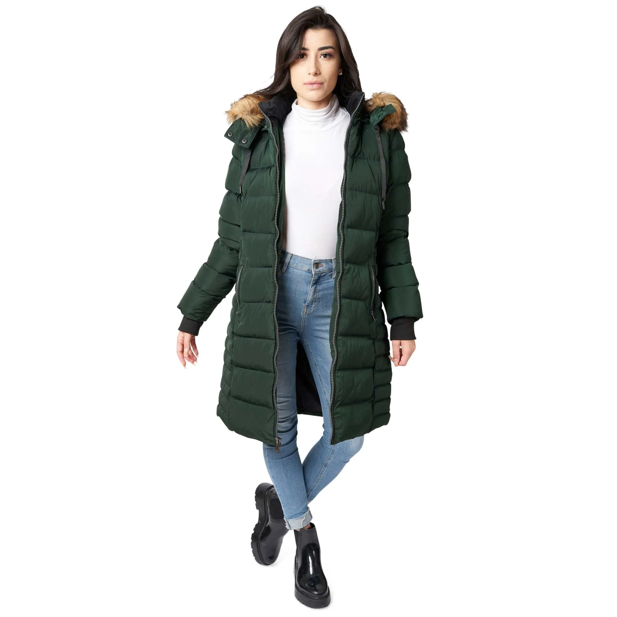 ELORA Parka Mid Length Womens Winter Coat Fur Trim Hood