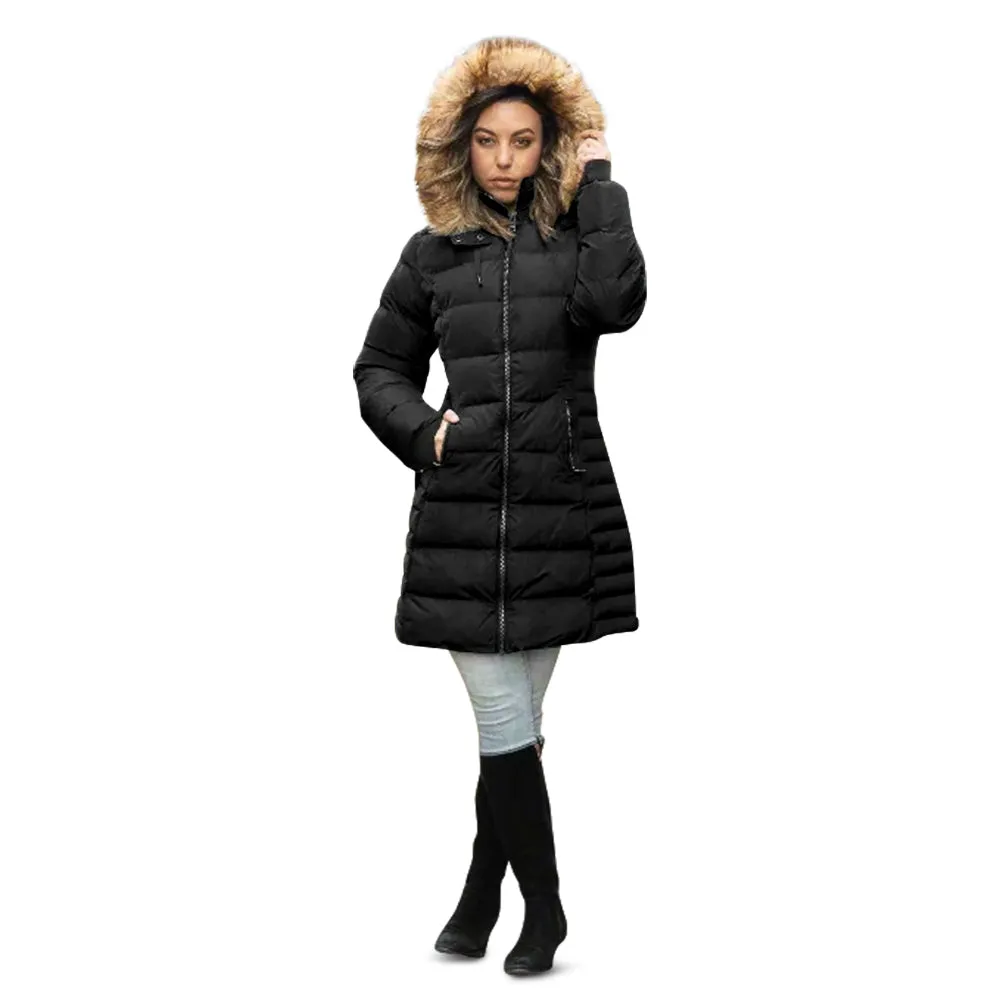 ELORA Parka Mid Length Womens Winter Coat Fur Trim Hood