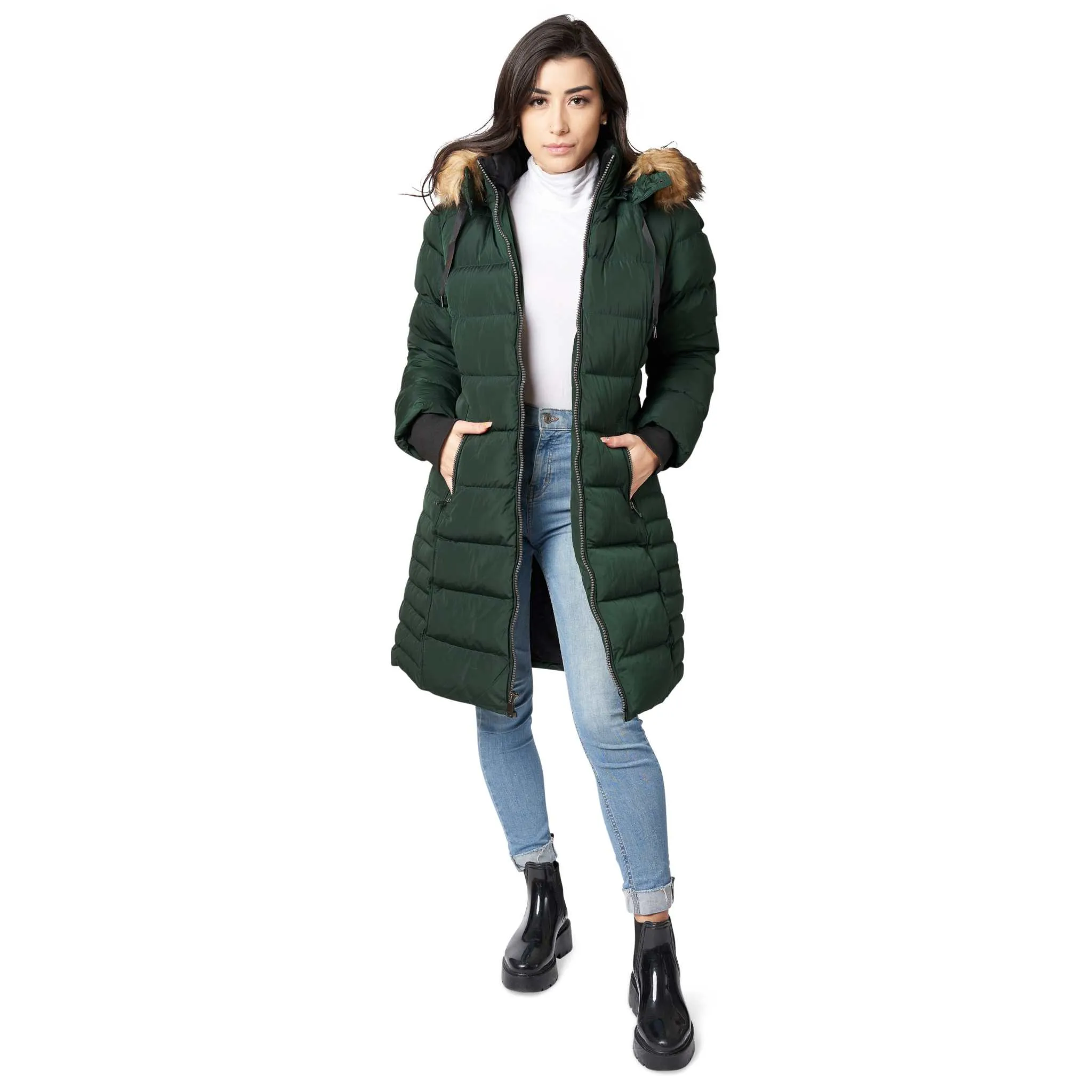 ELORA Parka Mid Length Womens Winter Coat Fur Trim Hood