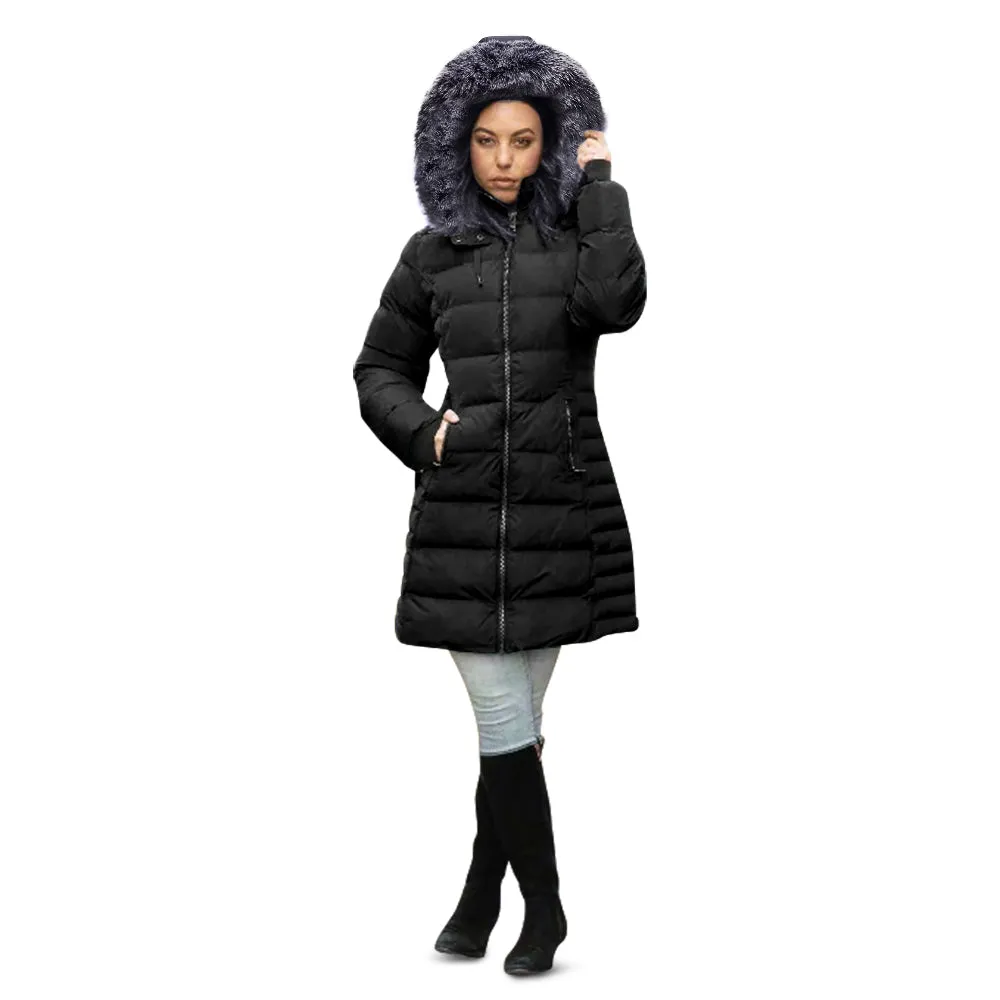 ELORA Parka Mid Length Womens Winter Coat Fur Trim Hood
