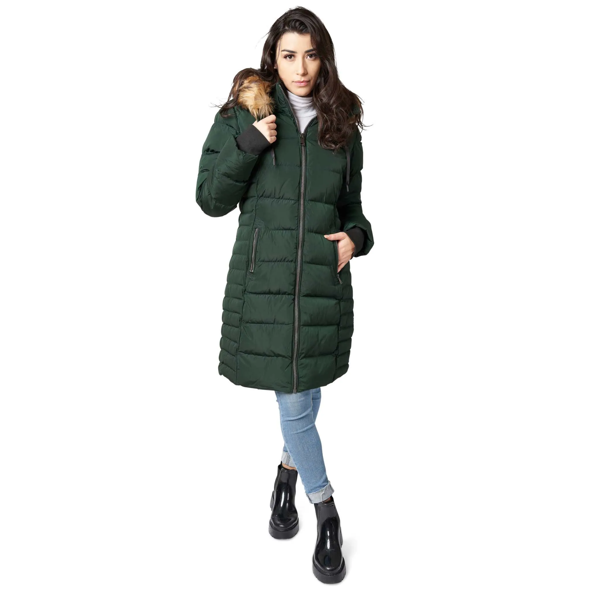 ELORA Parka Mid Length Womens Winter Coat Fur Trim Hood