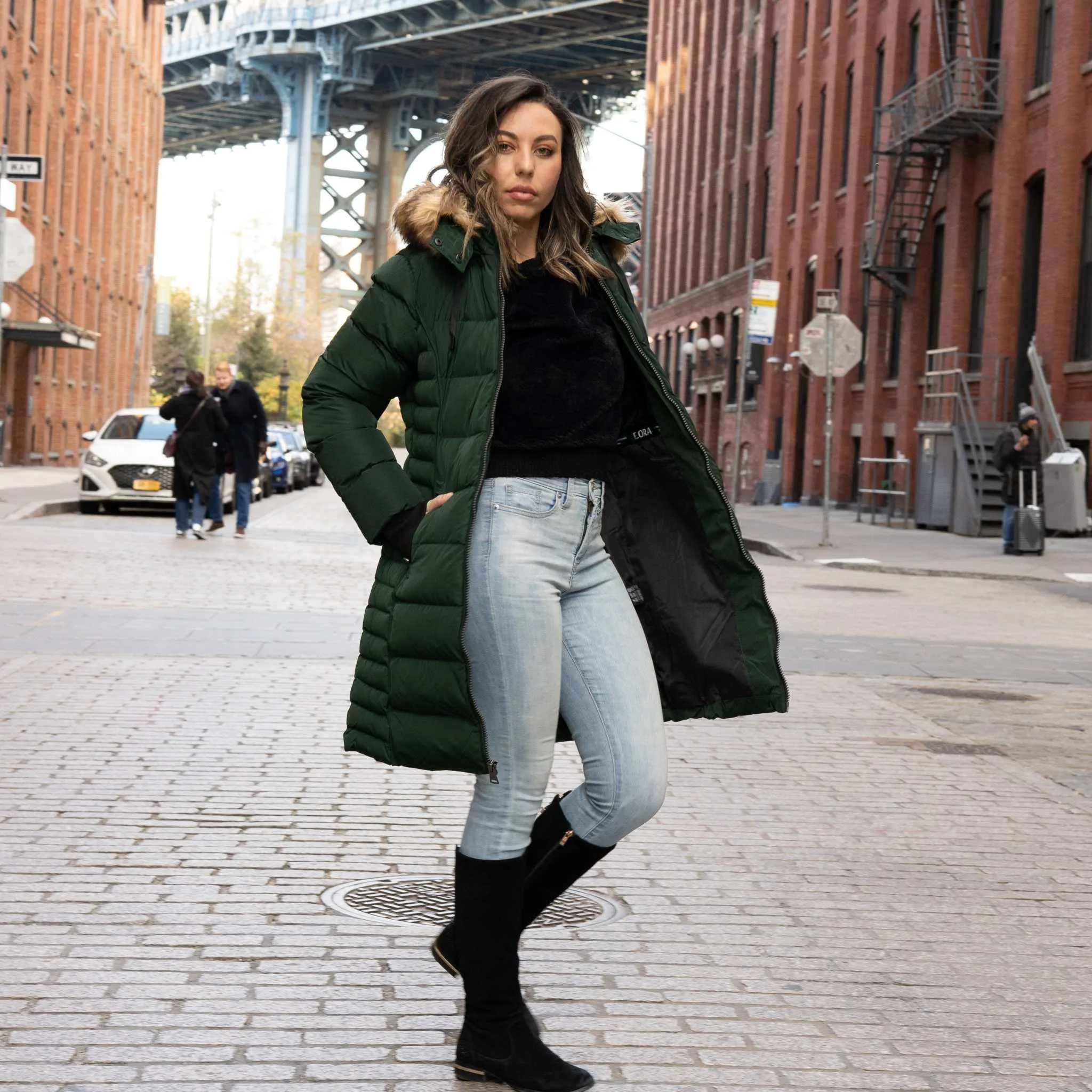 ELORA Parka Mid Length Womens Winter Coat Fur Trim Hood