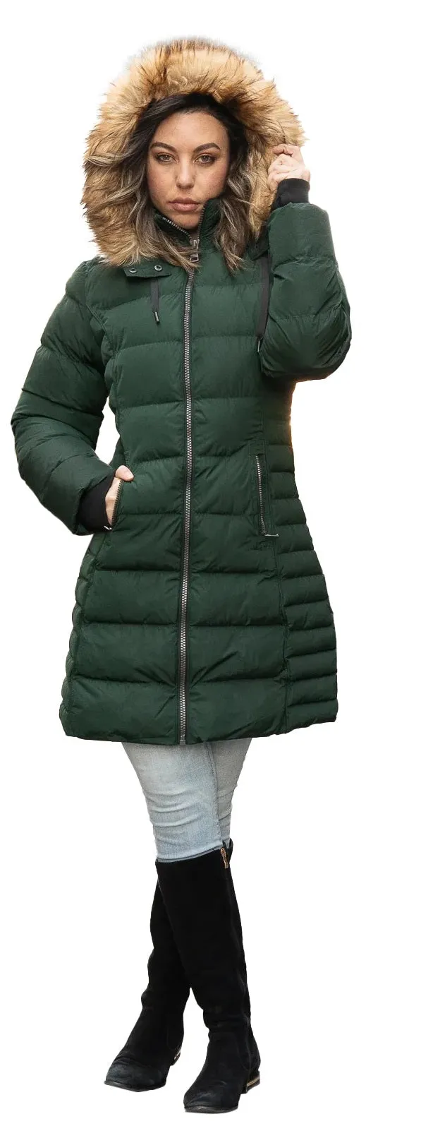 ELORA Parka Mid Length Womens Winter Coat Fur Trim Hood