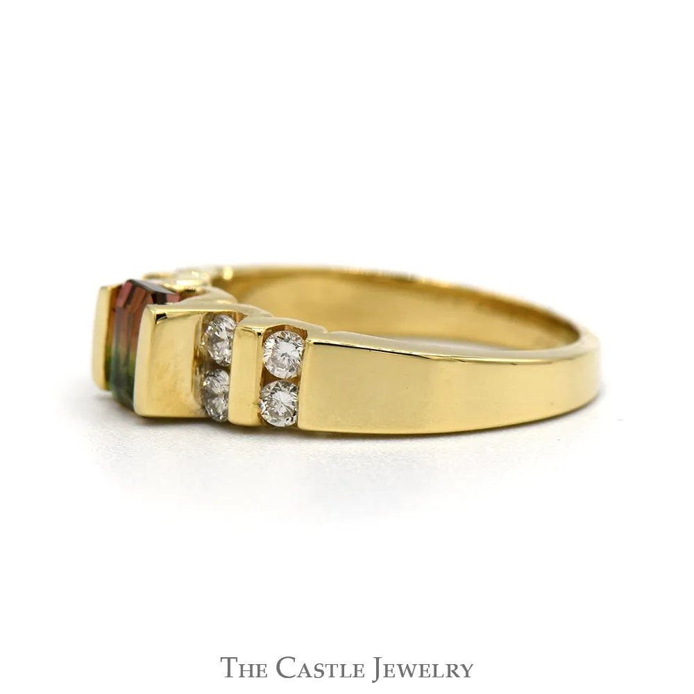 Emerald Cut Watermelon Tourmaline Ring With Channel-Set Diamonds .38 CTTW In 14KT Yellow Gold