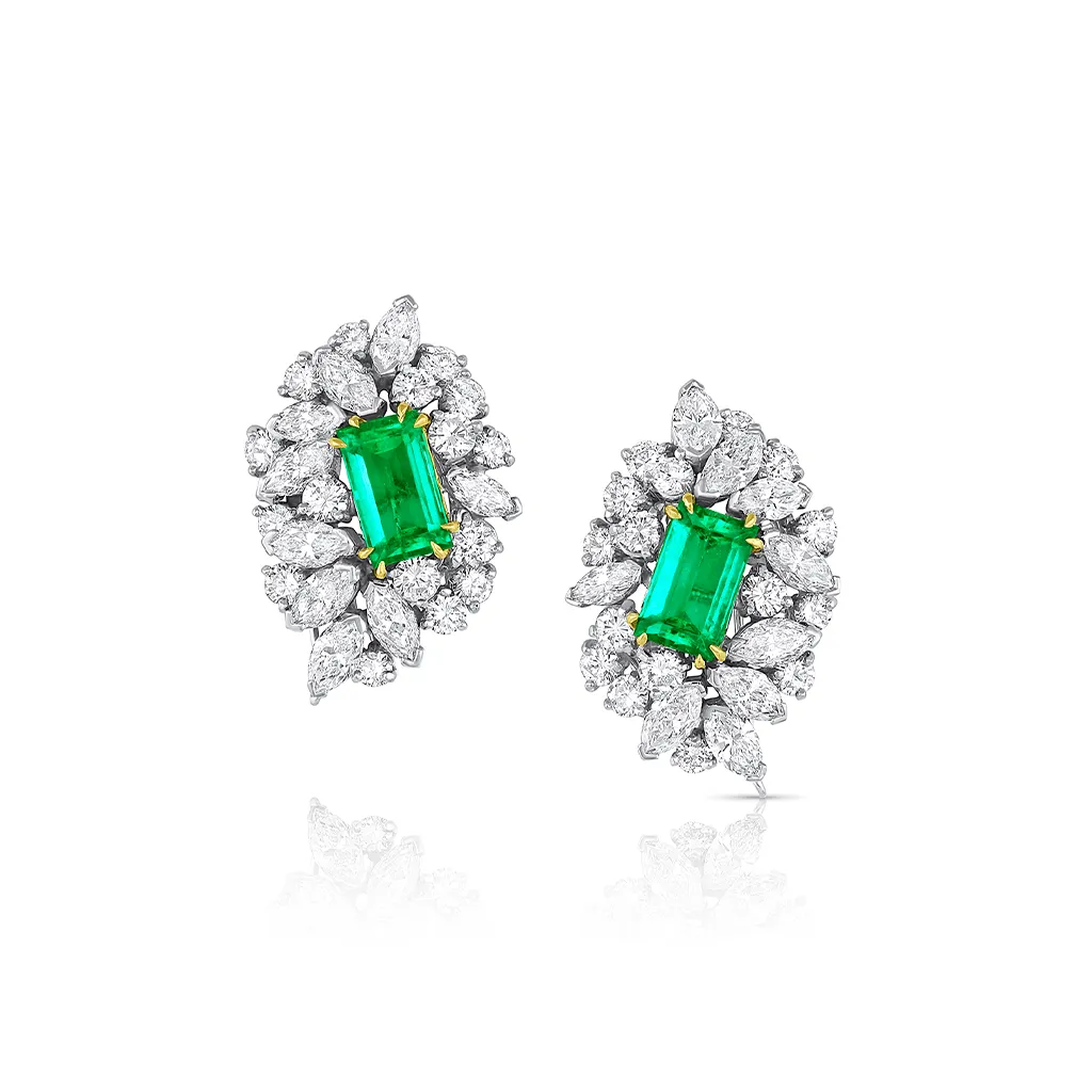 Estate Platinum 3.80ctw Colombia Emerald and 5.00ctw Diamond Earrings, AGL Certified